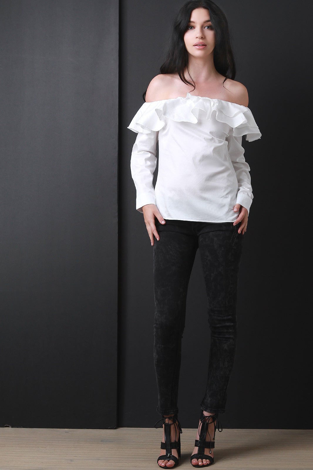 Bardot Ruffle Tier Long Sleeve Top