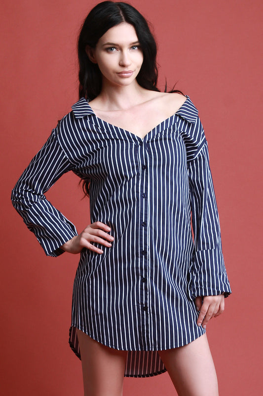 Pin Striped Boat Neck Shirt Dress