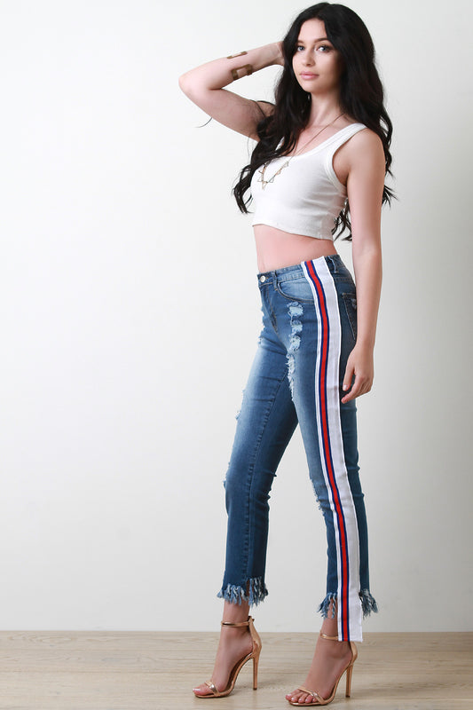 Side Striped Frayed Hem Denim Jeans