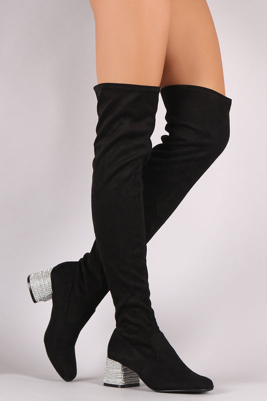 Qupid Suede Rhinestone Embellished Block Heeled OTK Boots