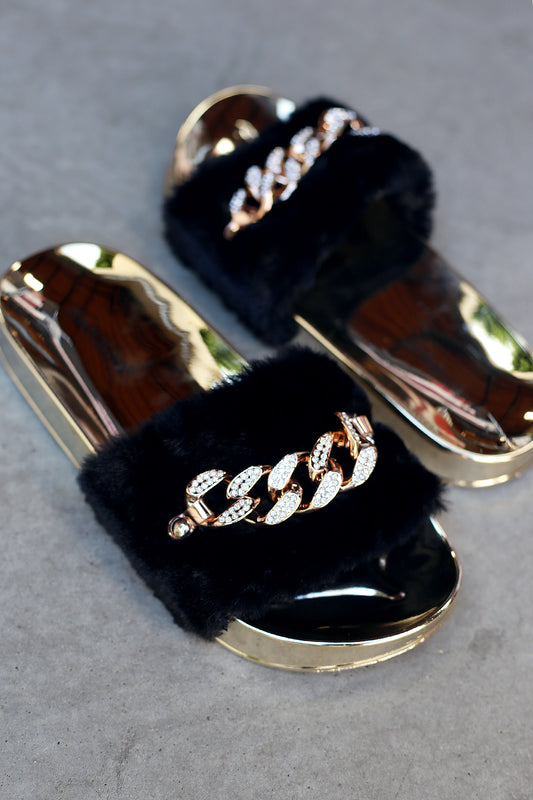 Bamboo Shiny Rhinestone Chain Faux Fur Slide Sandal