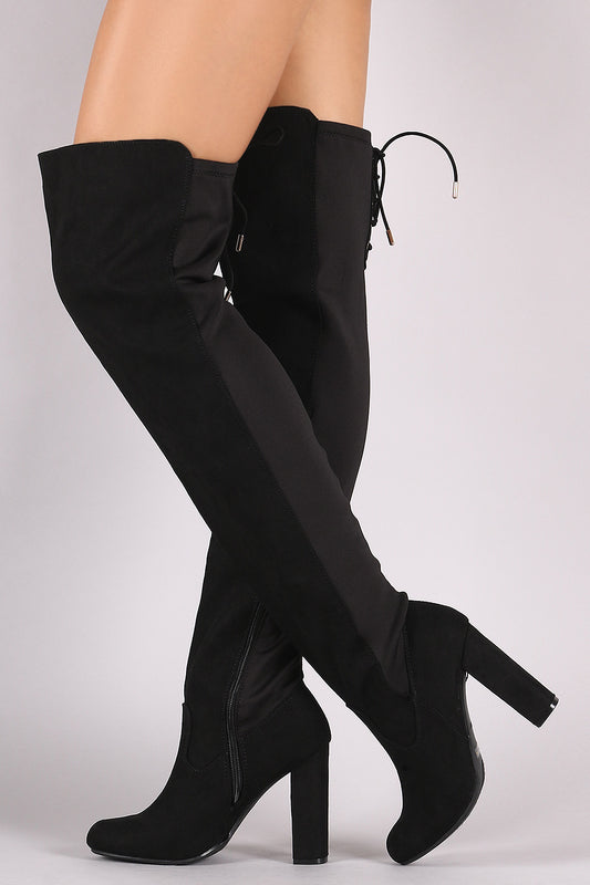 Bamboo Suede Elastane Panel Back Lace-Up Chunky Heeled OTK Boots