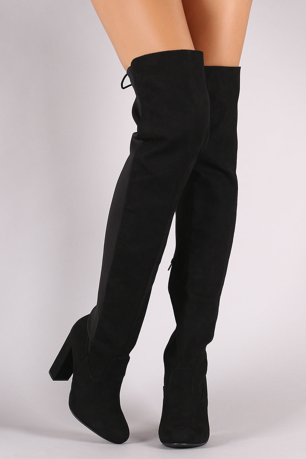 Bamboo Suede Elastane Panel Back Lace-Up Chunky Heeled OTK Boots