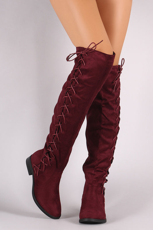 Suede Corset Lace-Up Almond Toe Over-The-Knee Riding Boots