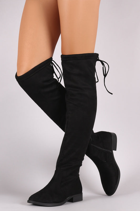Suede Almond Toe Back Drawstring Tie Over-The-Knee Riding Boots