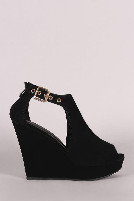Nubuck Cutout Peep Toe Platform Wedge