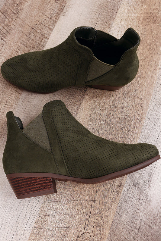 Perforated Suede Almond Toe Elastic Gore Ankle Boots