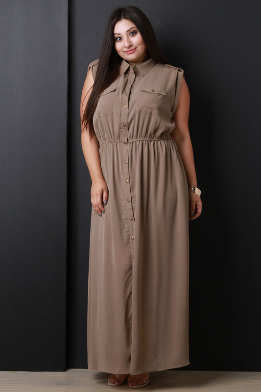 Button-Up Ruched Waist Sleeveless Maxi Dress