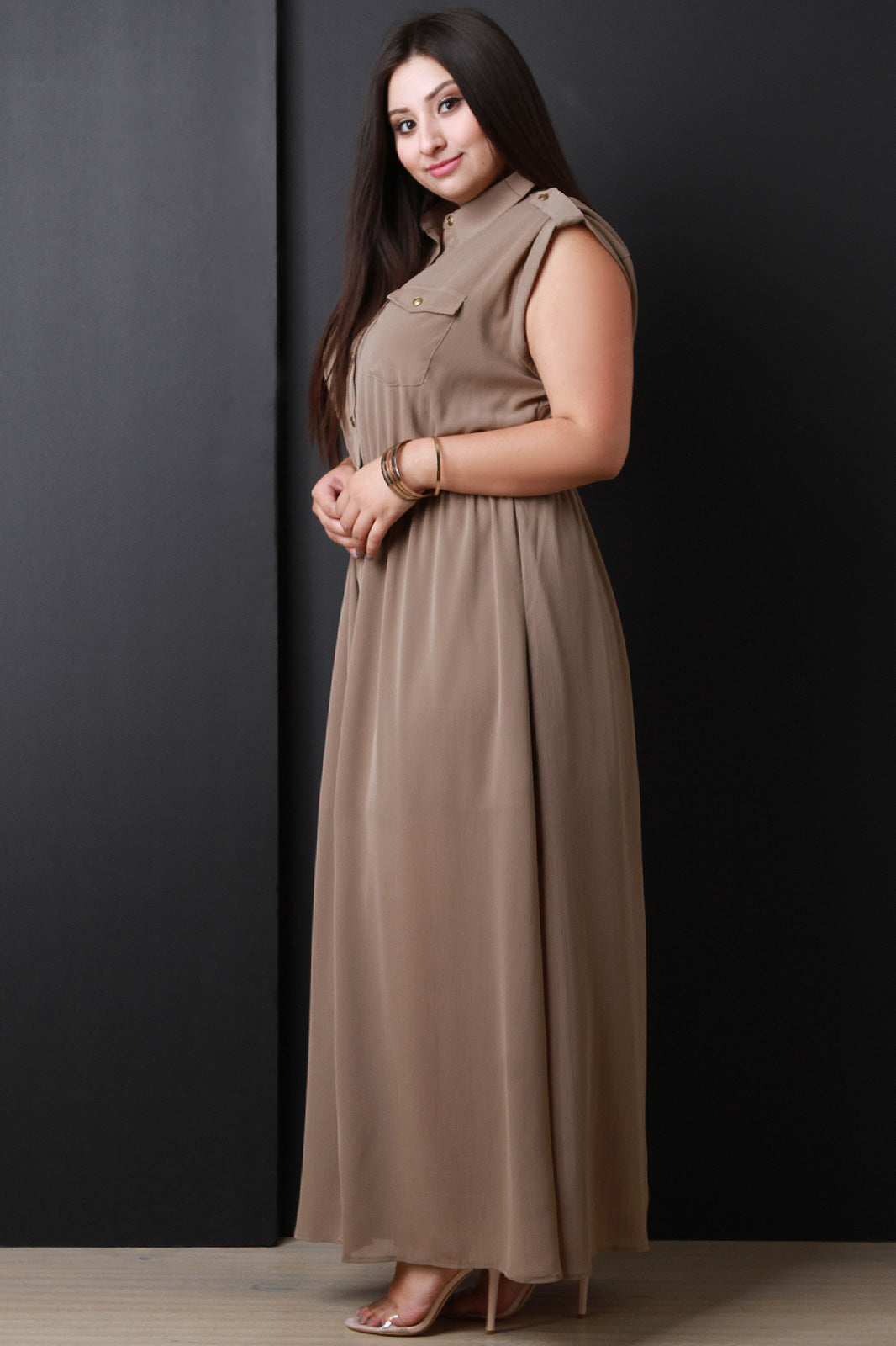 Button-Up Ruched Waist Sleeveless Maxi Dress