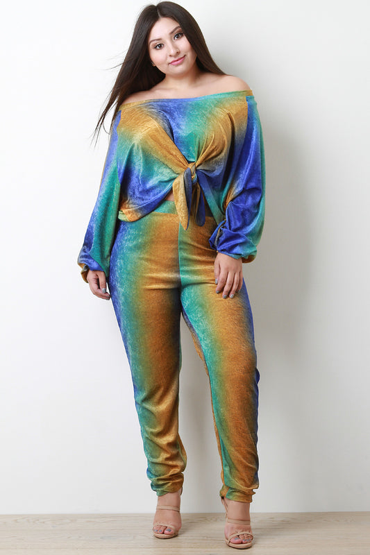 Velvet Tie Dye Crop Top With High Waisted Pants Set