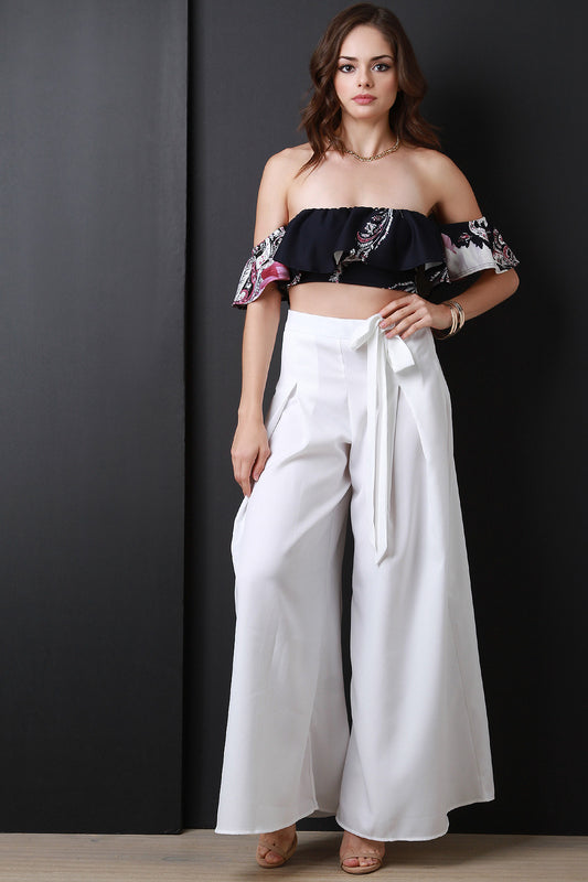 Pleated Waist-Tie Wide Leg Pants