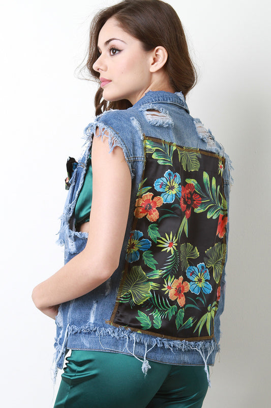 Tropical Hibiscus Distress Denim Vest