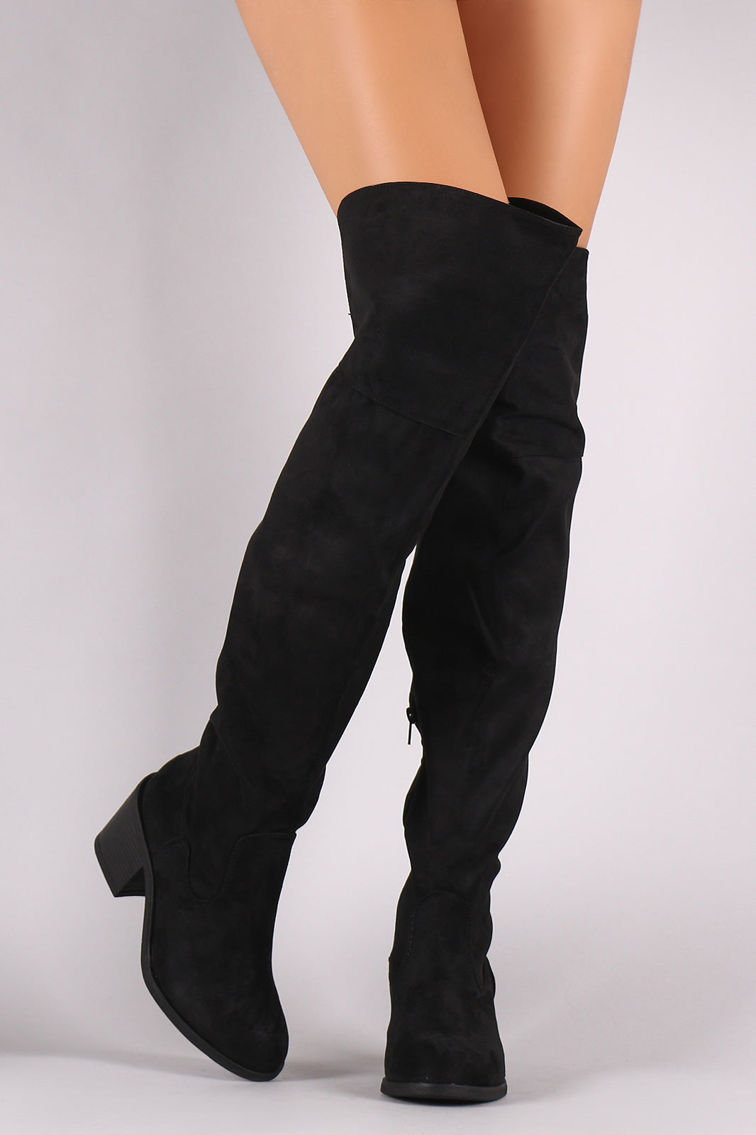 Bamboo Suede Round Toe Chunky Heeled Over-The-Knee Boots