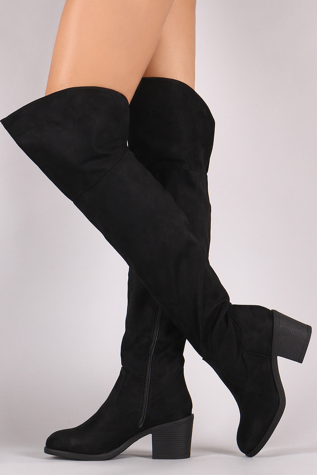 Bamboo Suede Round Toe Chunky Heeled Over-The-Knee Boots