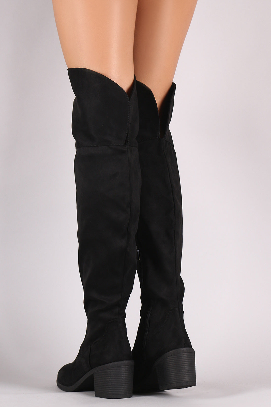 Bamboo Suede Round Toe Chunky Heeled Over-The-Knee Boots