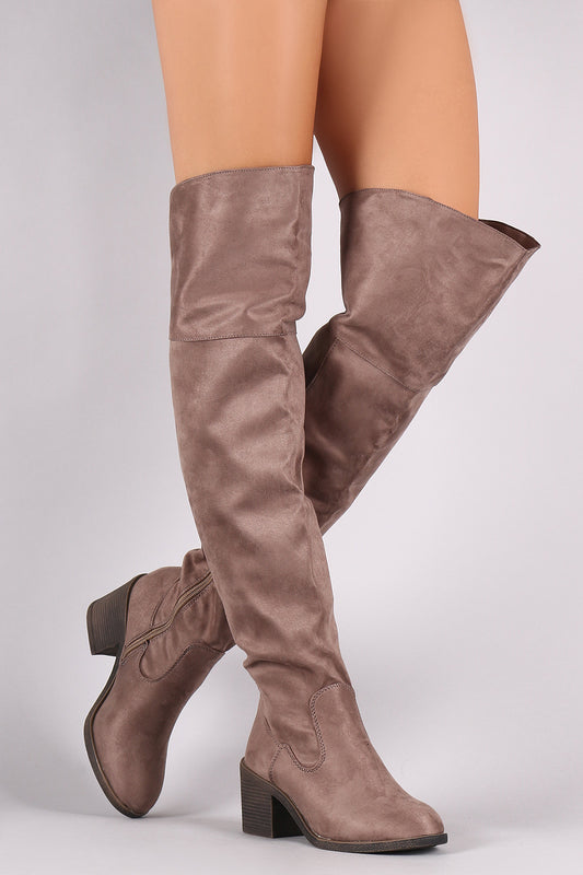Bamboo Suede Round Toe Chunky Heeled Over-The-Knee Boots