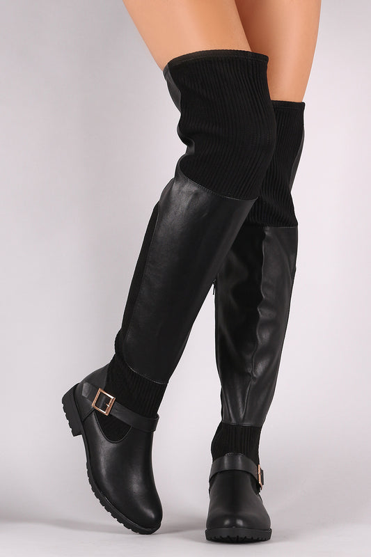 Bamboo Leather Ribbed Knit Buckled Over-The-Knee Riding Boots