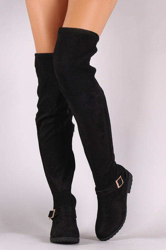 Bamboo Suede Ribbed Knit Buckled Over-The-Knee Riding Boots