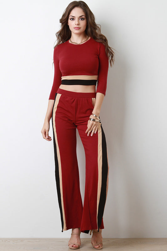 Colorblock Side Slit Flare High Waisted Pants