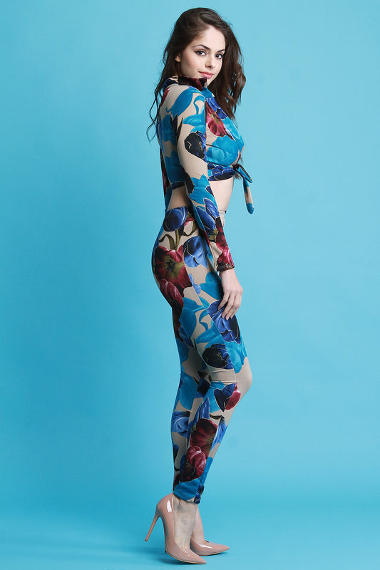 Floral Self-Tie Crop Top with High Waist Pants Set
