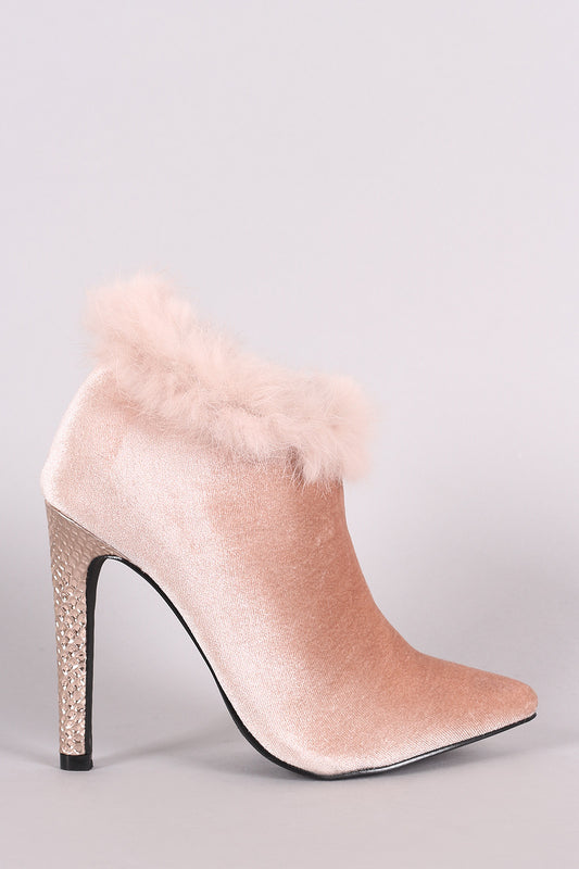 Shoe Republic LA Velvet Faux Fur Pointy Toe Stiletto Booties