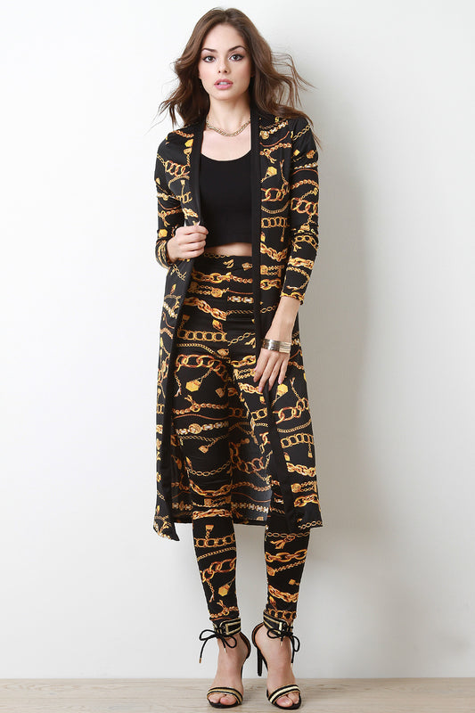 Chain Print Longline Cardigan with Leggings Set