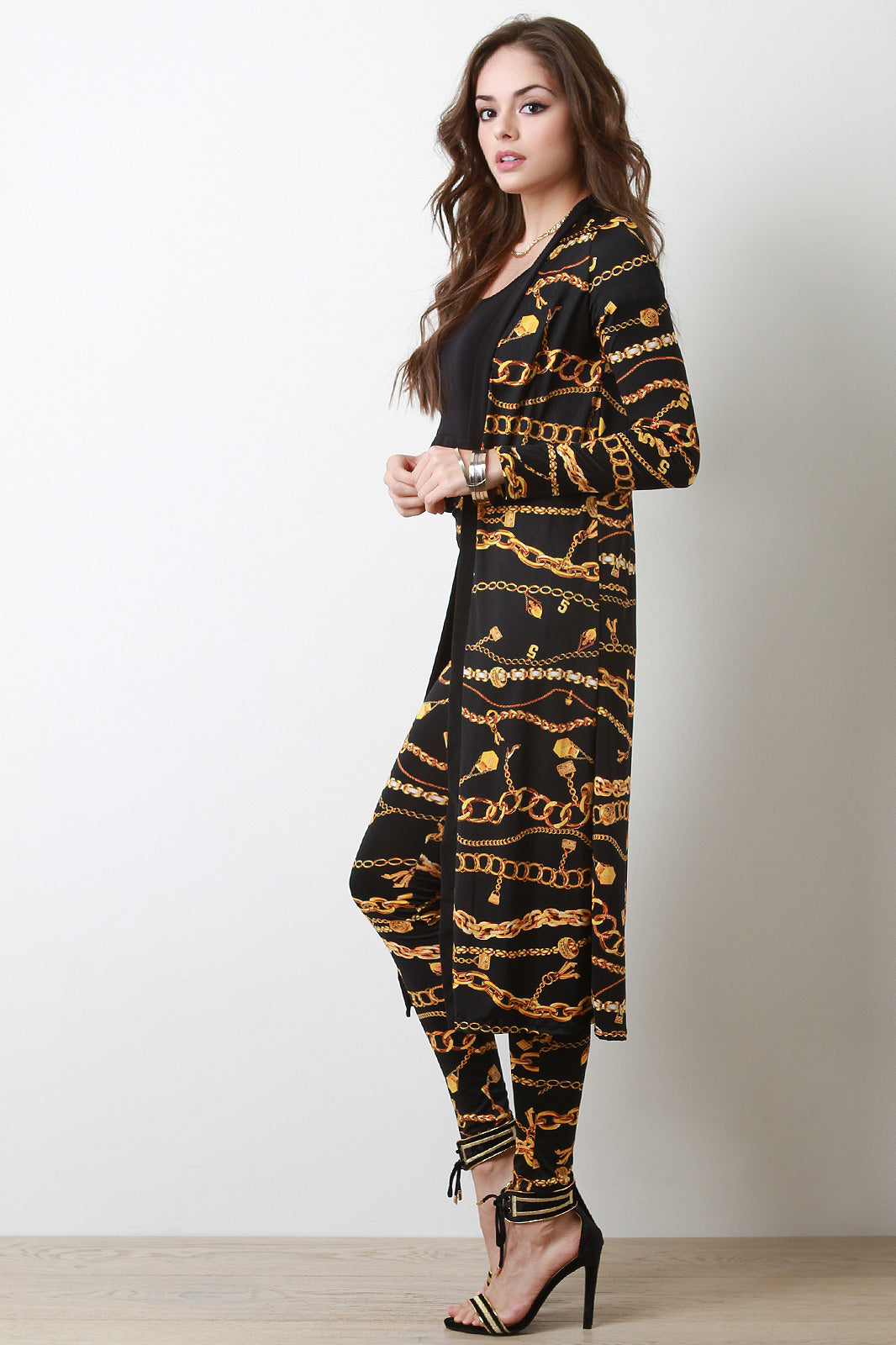 Chain Print Longline Cardigan with Leggings Set