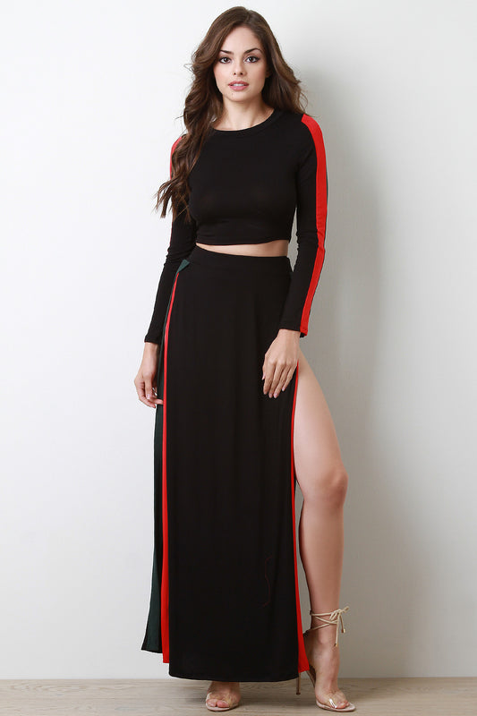 Stripe Accent Crop Top and Slit Maxi Skirt Set