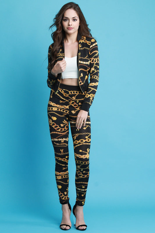 Chain Print Bomber Jacket with Leggings Set