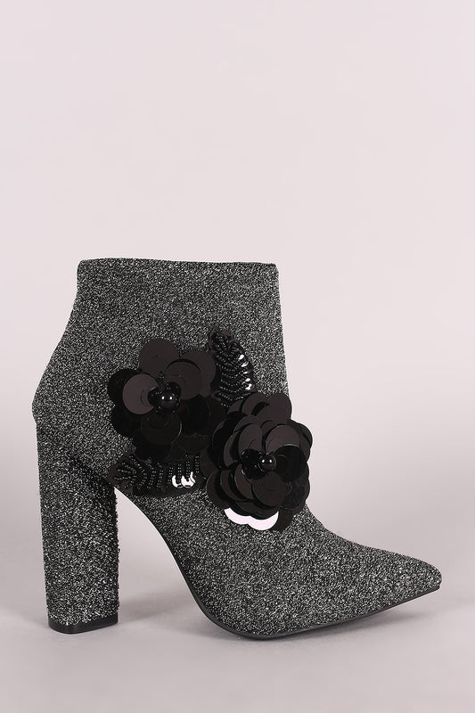 Qupid Foil Sequin Floral Applique Chunky Heel Booties