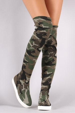 Camouflage Round Toe Over-The-Knee Sneaker Boots