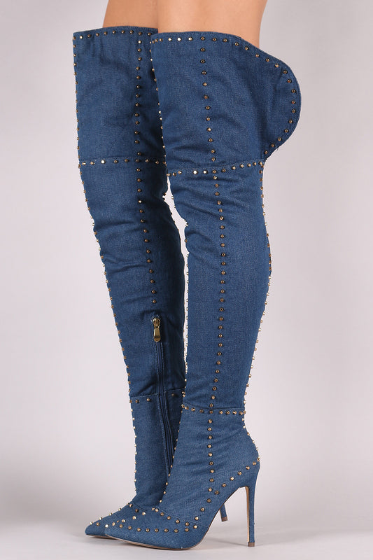 Studded Denim Pointy Toe Stiletto Over-The-Knee Boots