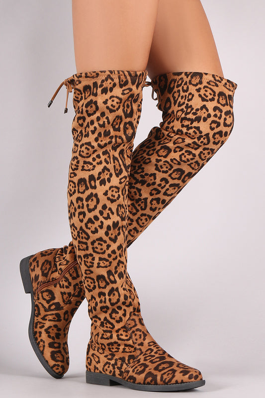 Liliana Leopard Drawstring Tie Riding Over-The-Knee Boots