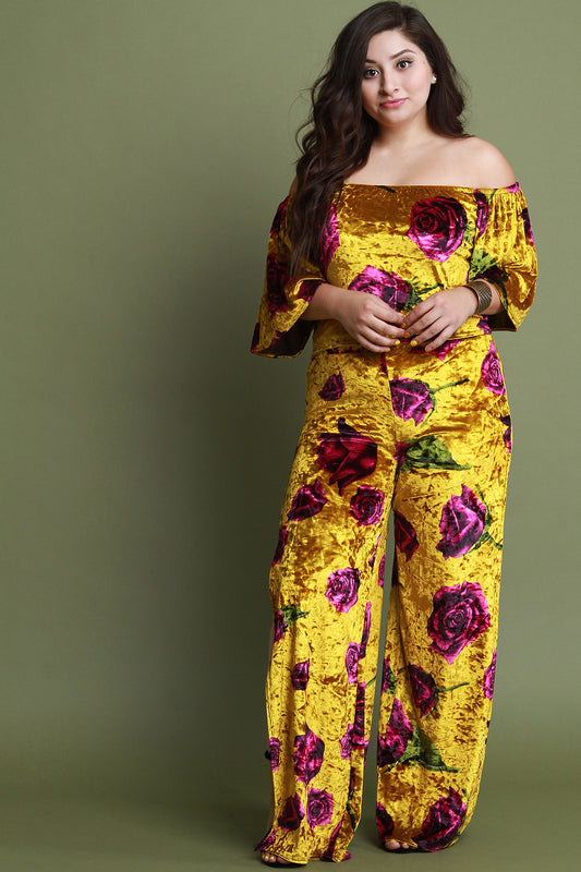 Floral Print Velvet Off Shoulder Crop Top With Slit Pants Set