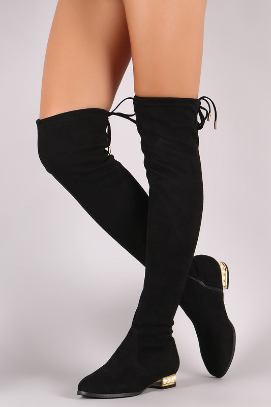 Wild Diva Lounge Suede Drawstring Tie Faux Pearl Heeled OTK Boots