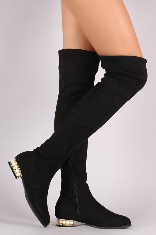 Wild Diva Lounge Stretched Suede Faux Pearl Heeled OTK Boots