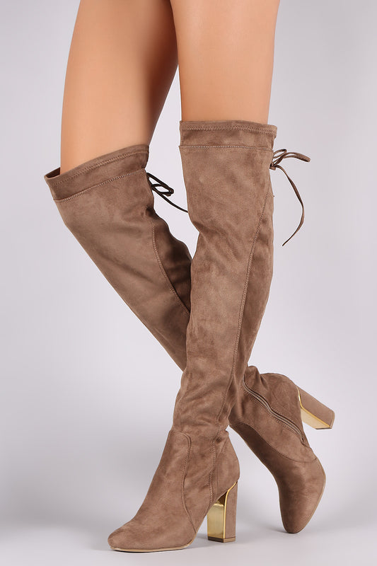 Wild Diva Lounge Suede Back Tie Chunky Heel OTK Boots