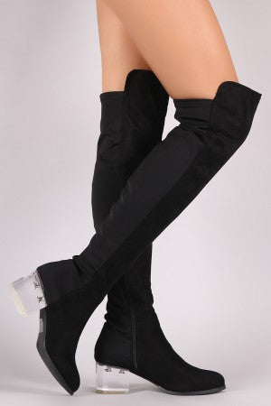 Wild Diva Lounge Suede Clear Block Heeled OTK Boots