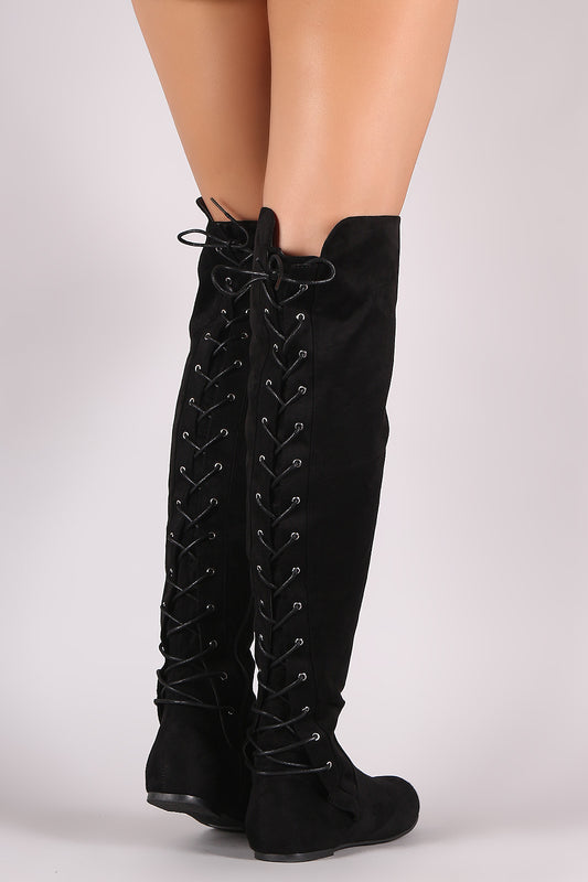 Wild Diva Lounge Suede Back Lace-Up Over-The-Knee Flat Boots