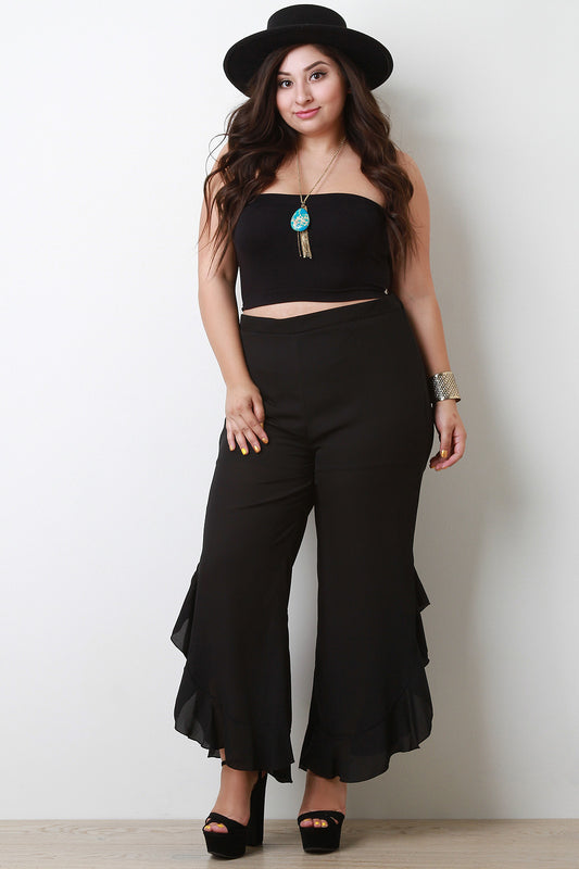 High Rise Chiffon Ruffle Flared Pants