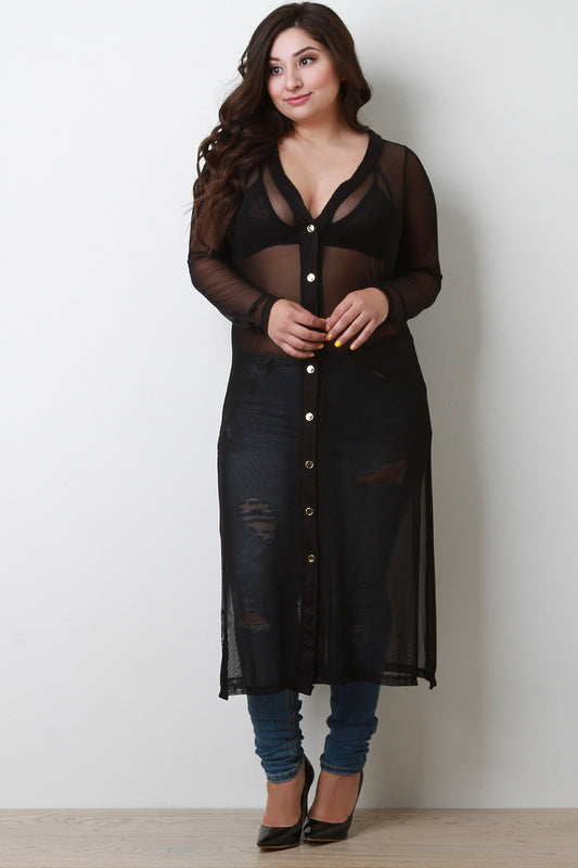 Semi-Sheer Button-Up Long Sleeve Maxi Top