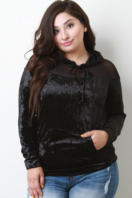 Crushed Velvet Mesh Long Sleeve Hoodie Top