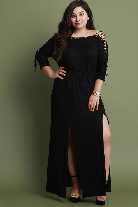 Eyelet Lace-Up Double Slit Maxi Dress