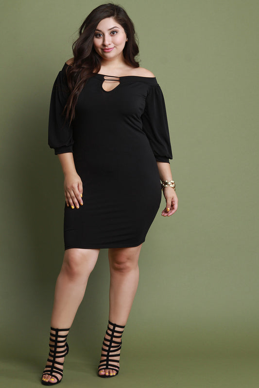 Keyhole Bishop Sleeve Bardot Midi Dress