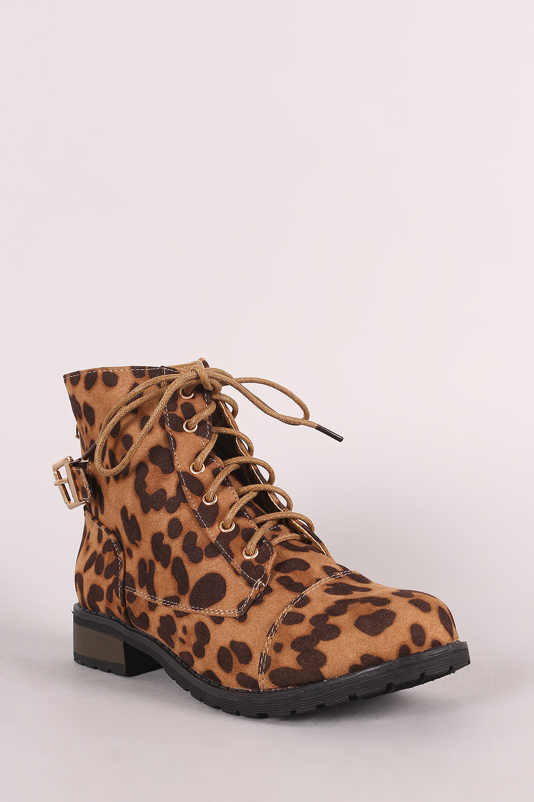Bamboo Leopard Buckled Lace-Up Combat Ankle Boots