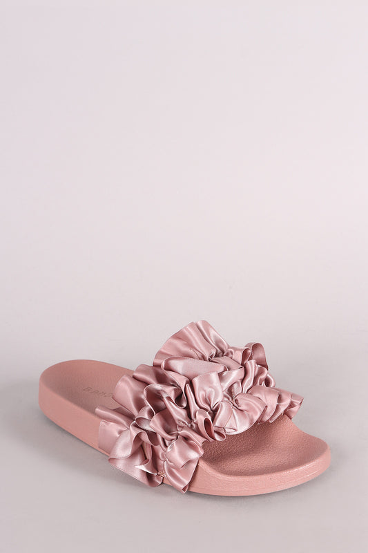 Bamboo Satin Ruffled Open Toe Slide Sandal