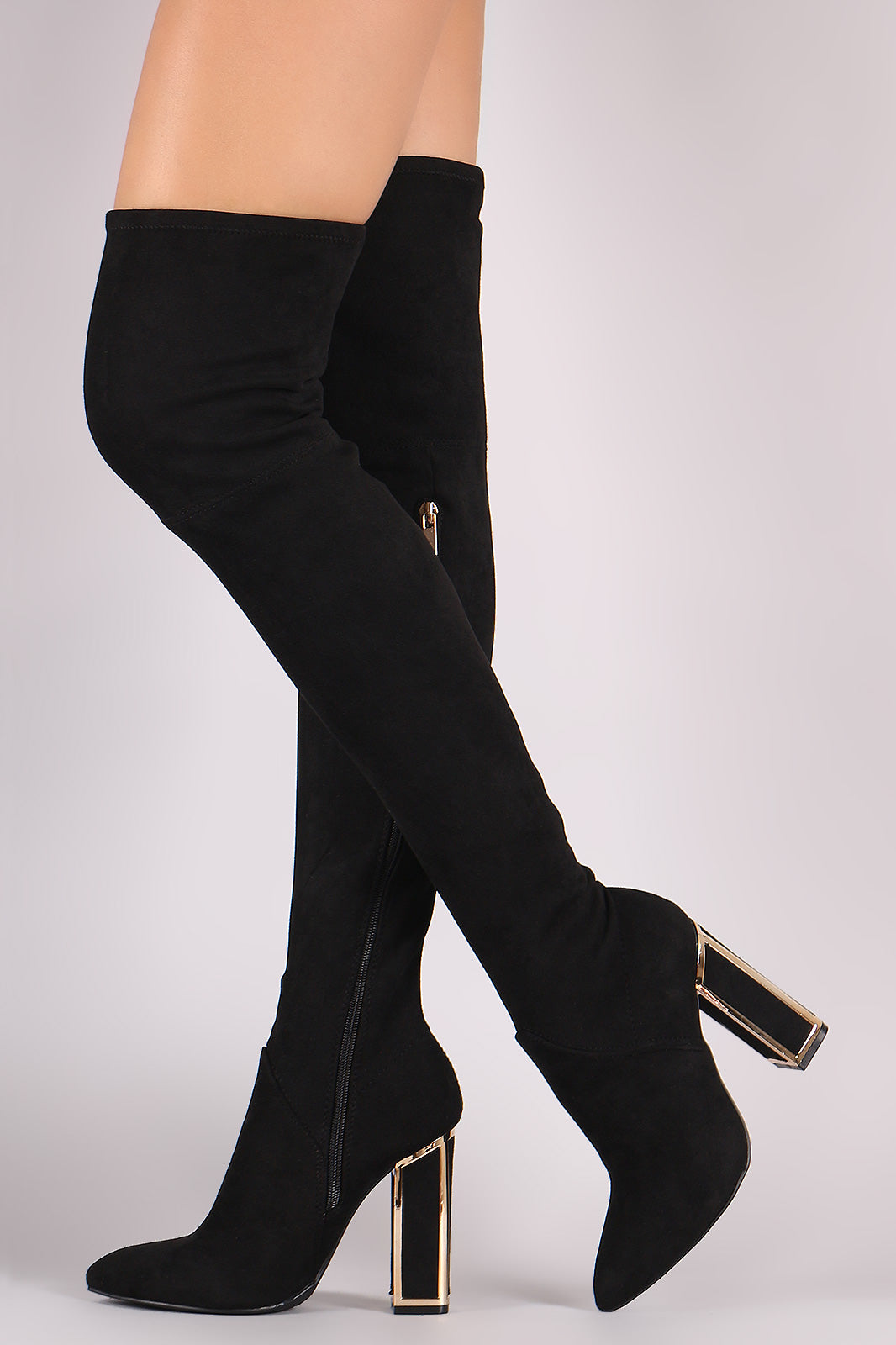 Bamboo Stretched Suede Caged Chunky Heeled OTK Boots
