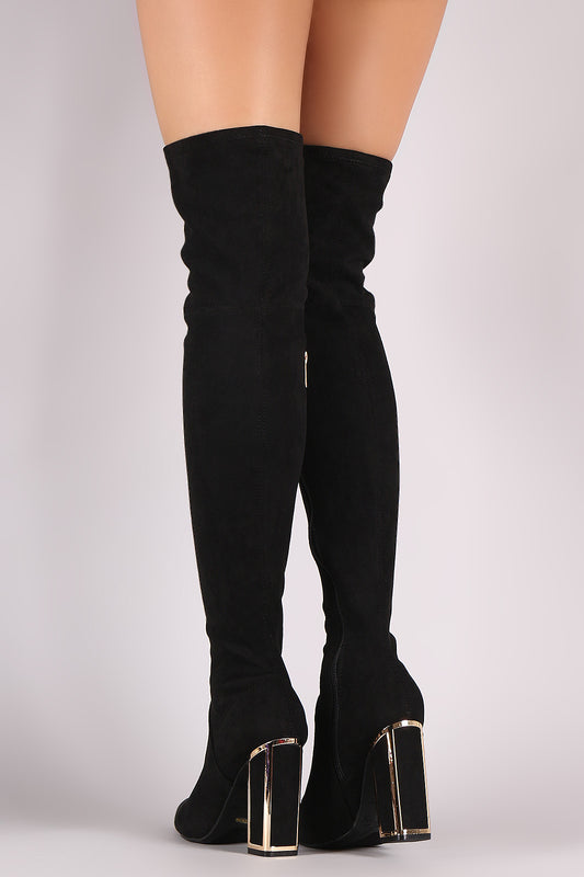 Bamboo Stretched Suede Caged Chunky Heeled OTK Boots
