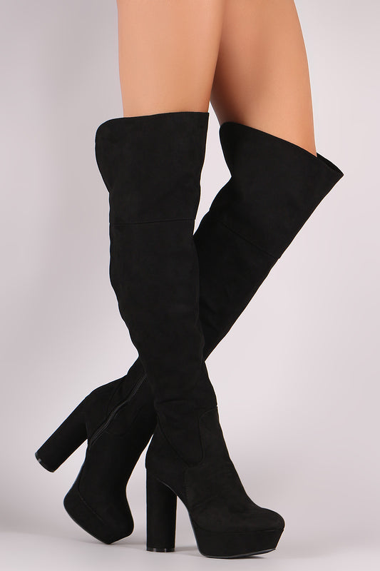 Bamboo Plain Suede Slit Platform Cylindrical Heeled OTK Boots