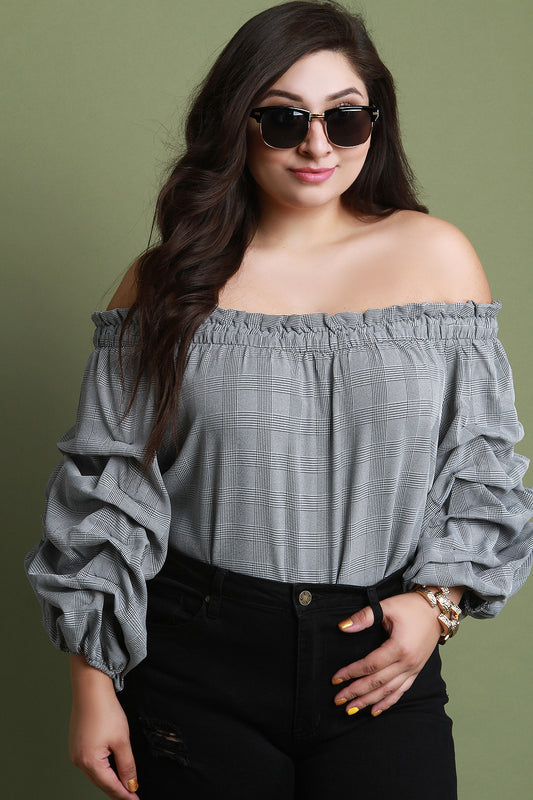 Glen Plaid Bardot Statement Sleeve Top